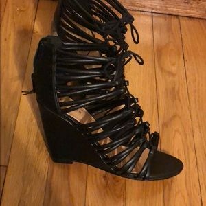 Black Express Wedge Strappy Lace up Heels